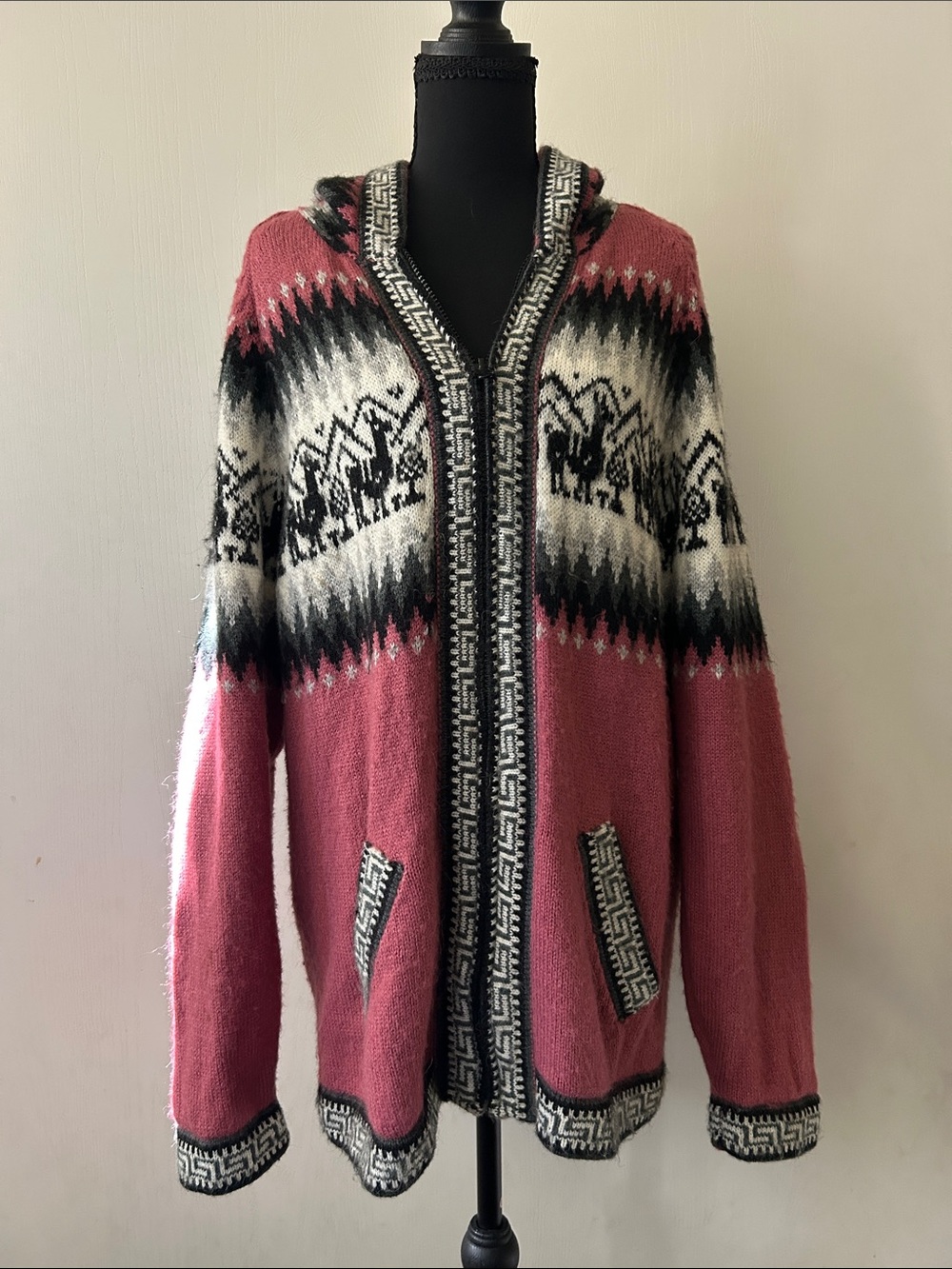 Pink Alpaca Wool Zip Up Hooded Fair Isle Knit Cardigan Sweater Llama Design